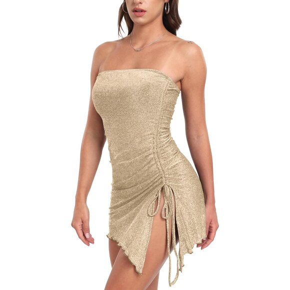 Sexy Gold Sequin Mini Dress Strapless Party Date Night Elegant Women - Picture 2 of 7